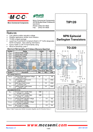 TIP120 datasheet - NPN Epitaxial Darlington Transistors