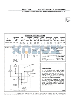 PDS-20-600 datasheet - 0 POWER DIVIDERS / COMBINERS