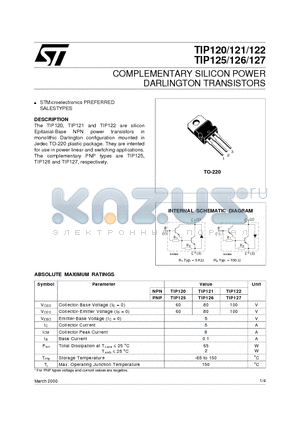 TIP121 datasheet - COMPLEMENTARY SILICON POWER DARLINGTON TRANSISTORS