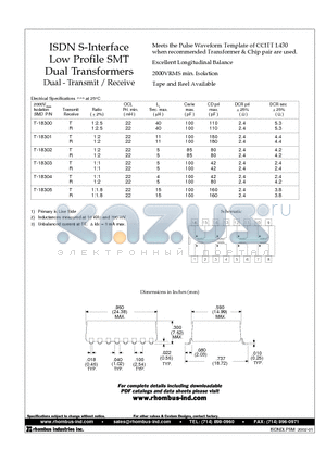 T-18301 datasheet - ISDN S-Interface Low Profile SMT Dual Transformers