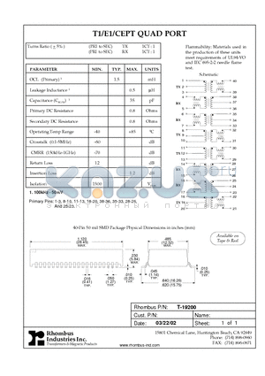 T-19200 datasheet - T1/E1/CEPT QUAD PORT