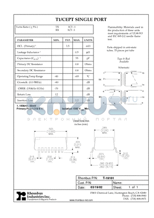 T-19101 datasheet - T1/CEPT SINGLE PORT