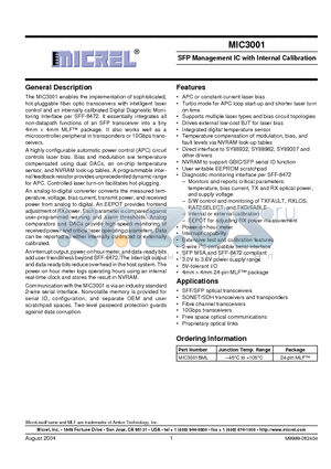 MIC3001 datasheet - SFP Management IC with Internal Calibration