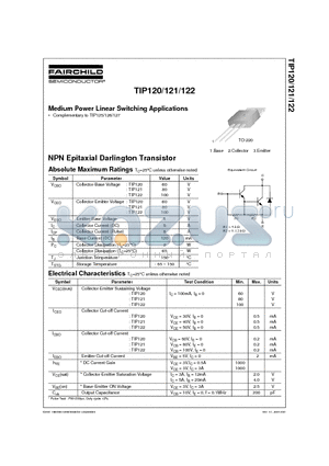 TIP122 datasheet - Medium Power Linear Switching Applications