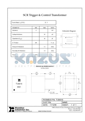 T-20015 datasheet - SCR Trigger & Control Transformer