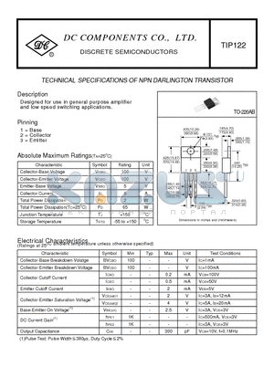 TIP122 datasheet - TECHNICAL SPECIFICATIONS OF NPN DARLINGTON TRANSISTOR