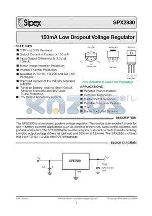 SPX2930M1-3.3/TR datasheet - 150mA Low Dropout Voltage Regulator