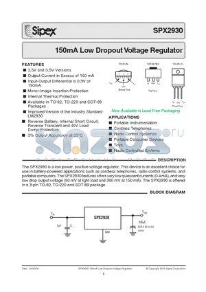 SPX2930M1-3.5 datasheet - 150mA Low Dropout Voltage Regulator