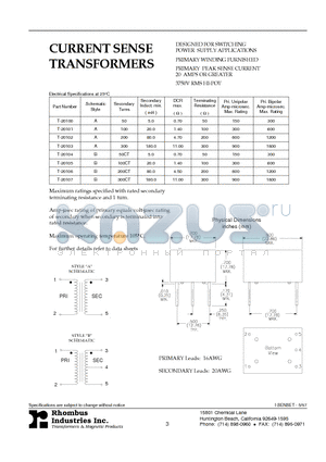 T-20100 datasheet - CURRENT SENSE TRANSFORMERS