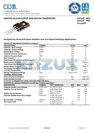 TIP122F datasheet - NPN/PNP SILICON POWER DARLINGTON TRANSISTORS