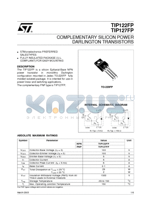 TIP122FP datasheet - COMPLEMENTARY SILICON POWER DARLINGTON TRANSISTORS