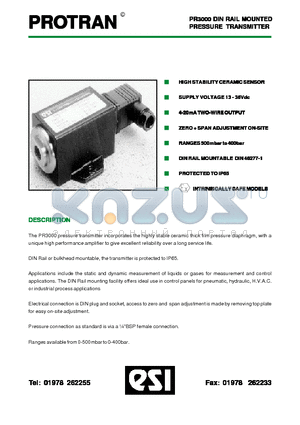 PR3000 datasheet - DIN RAIL MOUNTED PRESSURE TRANSMITTER