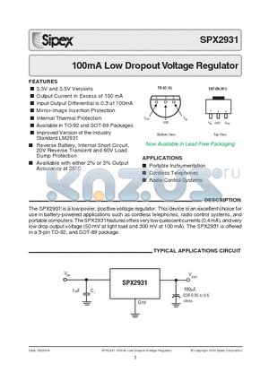 SPX2931 datasheet - 100mA Low Dropout Voltage Regulator