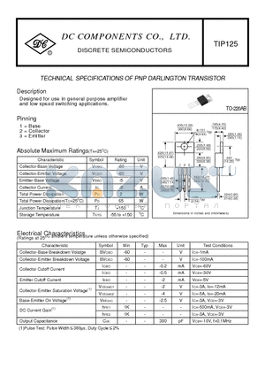 TIP125 datasheet - TECHNICAL SPECIFICATIONS OF PNP DARLINGTON TRANSISTOR
