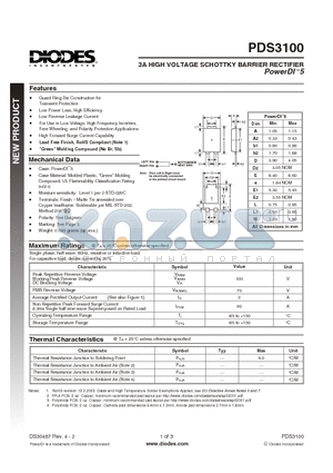 PDS3100 datasheet - 3A HIGH VOLTAGE SCHOTTKY BARRIER RECTIFIER PowerDI 5