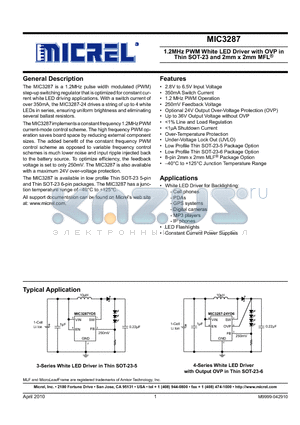 MIC3287YD5 datasheet - 1.2MHz PWM White LED Driver with OVP in Thin SOT-23 and 2mm x 2mm MFL