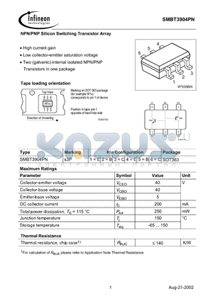 SMBT3904PN datasheet - NPN/PNP Silicon Switching Transistor Array