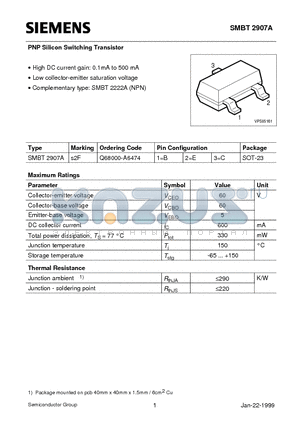 SMBT2907A datasheet - PNP Silicon Switching Transistor