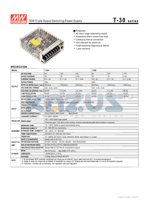 T-30 datasheet - 30W Triple Output Switching Power Supply