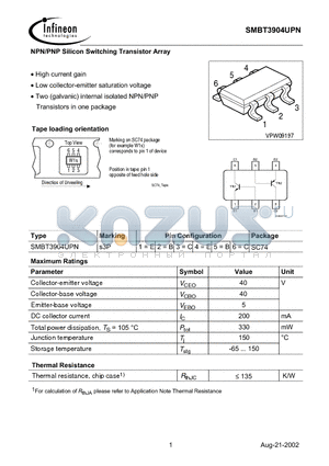 SMBT3904UPN datasheet - NPN/PNP Silicon Switching Transistor Array