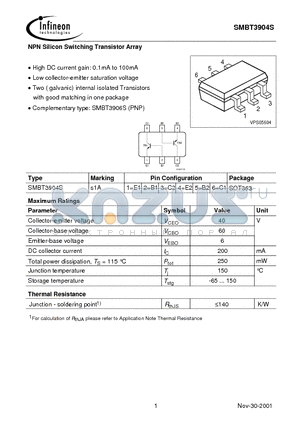 SMBT3904S datasheet - NPN Silicon Switching Transistor Array