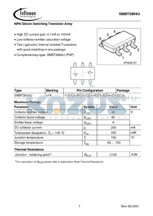 SMBT3904U datasheet - NPN Silicon Switching Transistor Array