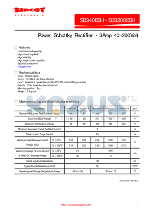 SB340ESH datasheet - Power Schottky Rectifier - 3Amp 40~200Volt