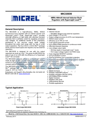 MIC33030 datasheet - 8MHz 400mA Internal Inductor Buck Regulator with HyperLight Load