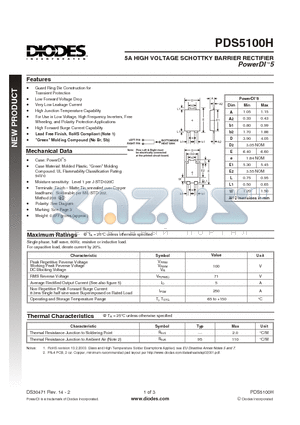 PDS5100H-13 datasheet - 5A HIGH VOLTAGE SCHOTTKY BARRIER RECTIFIER PowerDI 5