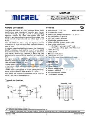 MIC33050-GYHL datasheet - 4MHz Internal Inductor PWM Buck Regulator with HyperLight Load