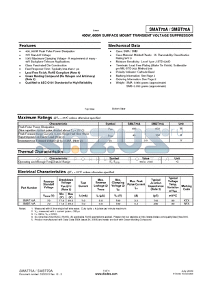 SMBT70A-13-F datasheet - 400W, 600W SURFACE MOUNT TRANSIENT VOLTAGE SUPPRESSOR