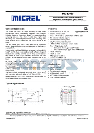 MIC33050 datasheet - 4MHz Internal Inductor PWM Buck Regulator with HyperLight Load