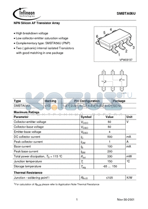 SMBTA06U datasheet - NPN Silicon AF Transistor Array