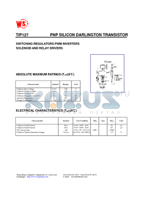 TIP127 datasheet - PNP SILICON DARLINGTON TRANSISTOR(SWITCHING REGULATORS PWM INVERTERS SOLENOID AND RELAY DRIVERS)