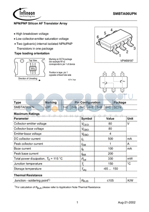 SMBTA06UPN datasheet - NPN/PNP Silicon AF Transistor Array