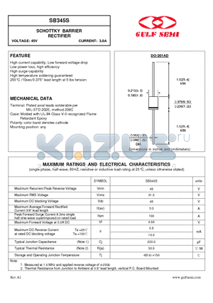 SB345S datasheet - SCHOTTKY BARRIER RECTIFIER VOLTAGE: 45V CURRENT: 3.0A