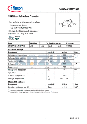 SMBTA42 datasheet - NPN Silicon High-Voltage Transistors Low collector-emitter saturation voltage