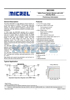 MIC3385YML datasheet - 8MHz Power System Module with LDO Standby Mode