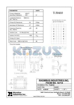 T-30410 datasheet - Primary DC Resistance 36 W Max, Secondary DC Resistance 47 W Max.