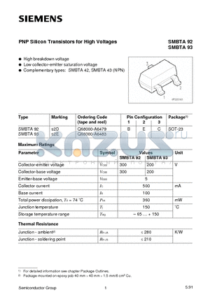 SMBTA92 datasheet - PNP Silicon Transistors for High Voltages