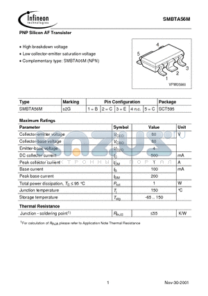 SMBTA56M datasheet - PNP Silicon AF Transistor