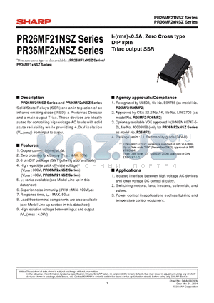 PR36MF21YSZ datasheet - IT(rms)0.6A, Zero Cross type DIP 8pin Triac output SSR