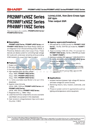 PR39MF11NSZF datasheet - Non-Zero Cross type DIP 8pin Triac output SSR