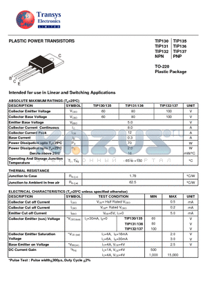 TIP130 datasheet - PLASTIC POWER TRANSISTORS