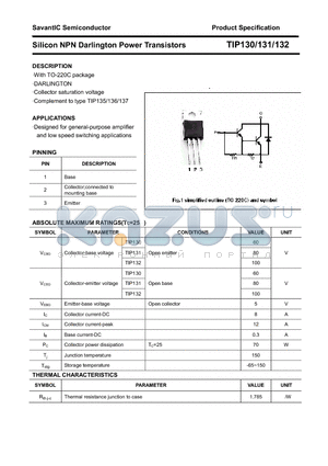 TIP130 datasheet - Silicon NPN Darlington Power Transistors