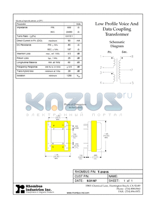 T-31015 datasheet - Low Profile Voice And Data Coupling Transformer