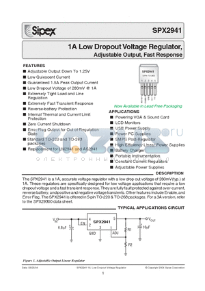SPX2941T5/TR datasheet - 1A Low Dropout Voltage Regulator, Adjustable Output, Fast Response