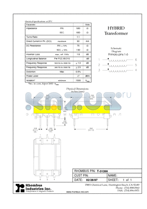 T-31200 datasheet - HYBRID Transformer