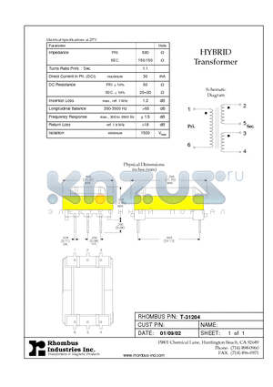 T-31204 datasheet - HYBRID Transformer