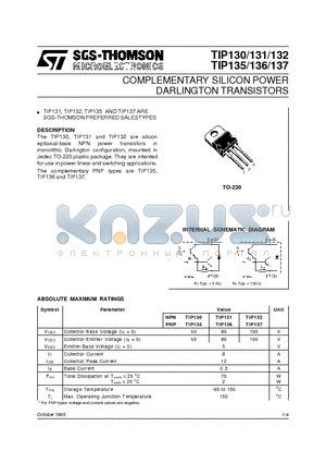 TIP135 datasheet - COMPLEMENTARY SILICON POWER DARLINGTON TRANSISTORS